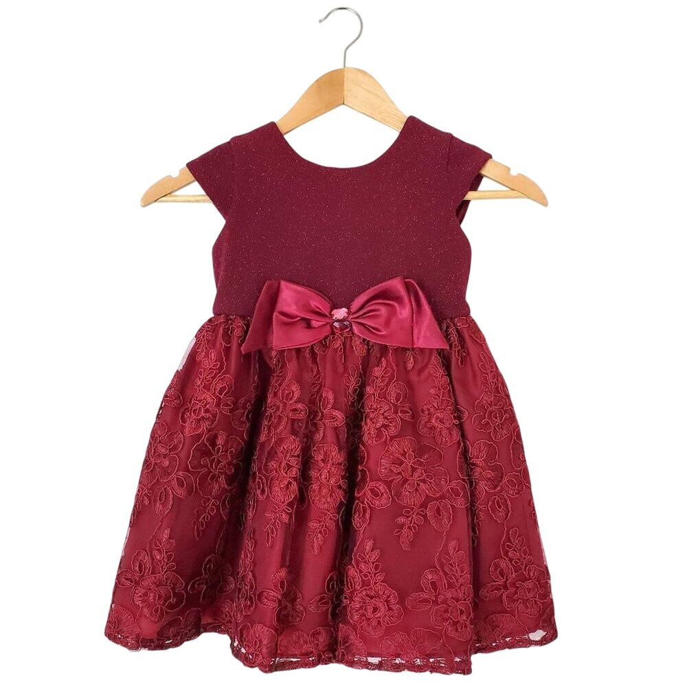 Youngland Girls Size 4 Red Glitter Floral Lace Holiday Dress Large Satin Bow